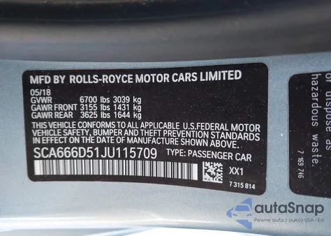 2018 Rolls-Royce Dawn z USA, uszkodzony, nr VIN SCA666D51JU115709